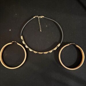 Choker Necklace Set Gold Tone Geometric Black Choker Hoop Earrings Set Womens